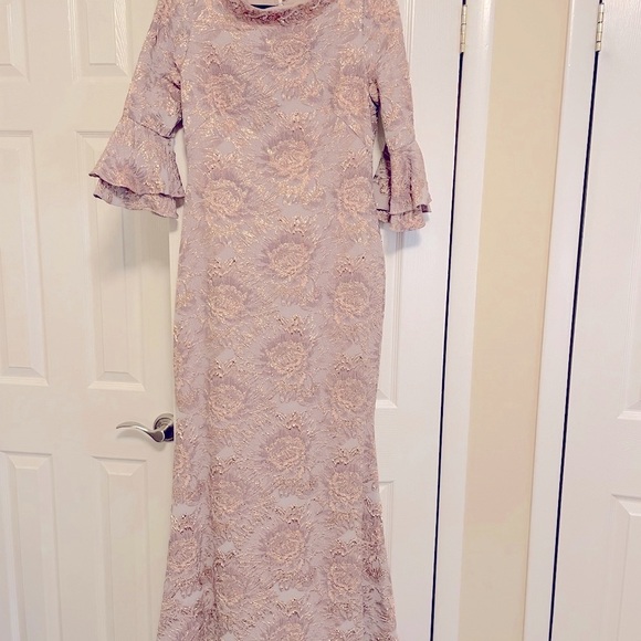 Theia Couture Metallic Floral Bell Sleeve Trumpet gown- Blush - Picture 7 of 10